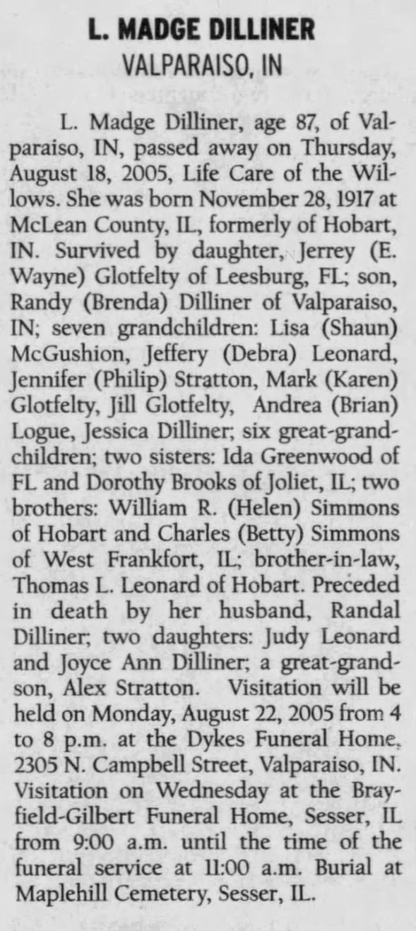 Obituary for L. MADGE DILLINER, 1917-2005 (Aged 87)